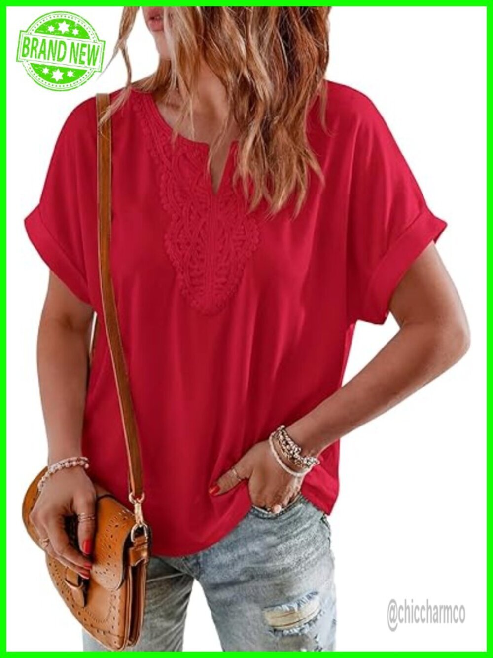 V Neck Boho Lace Tunic Loose Fit Pullover Short Sleeve T-Shirt Blouse